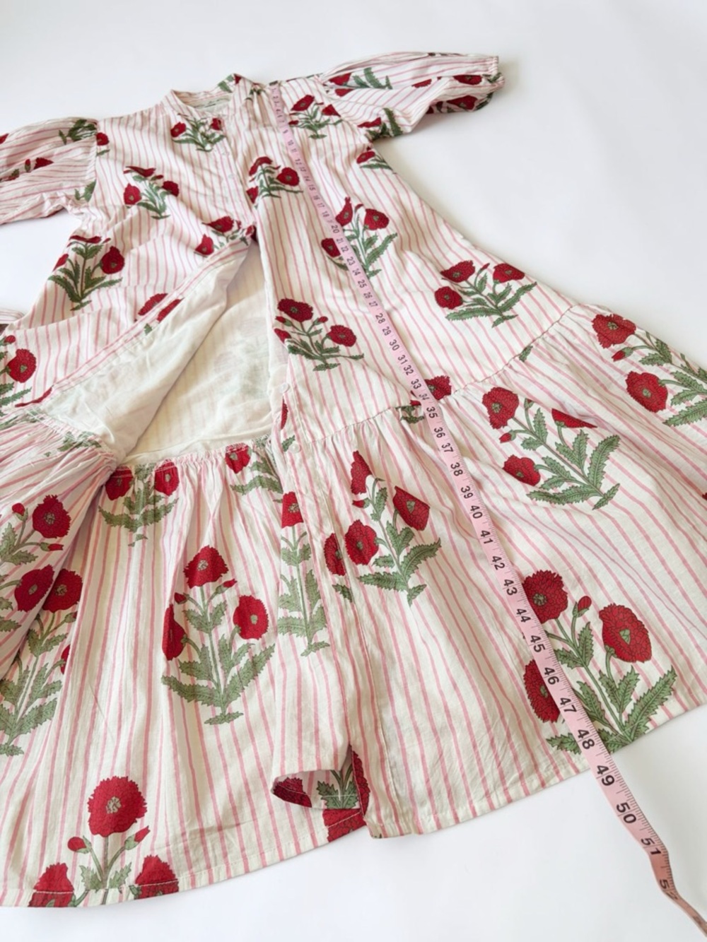 Fox & Hen Pink Floral-Striped Midi Shirt Dress Puff Sleeves Tie Waist Size XS - Picture 12 of 12